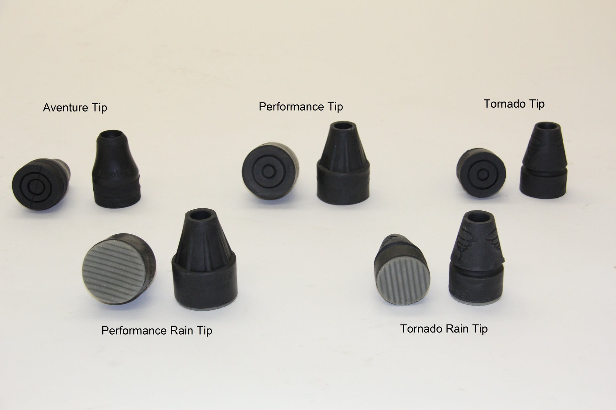 The available tips for the custom aluminum Superlite underarm crutch