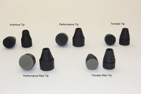The available tips for the custom titanium Superlite underarm crutch